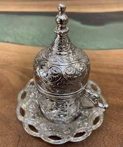 Silver Turkish Coffee Single Set White Ceramic Cup Arabic Greek Cyprus Coffee Traditional Design Beautiful Color Metal Porcelain