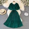 Summer new style V-neck short-sleeved dress, knee-high slim-fitting waist-tie belted pleated long skirt