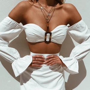Summer Two pieces set Dress Women Tie up Crop Tops and skirts 2 pieces Suit long sleeve bandeau set Mini Lady dress