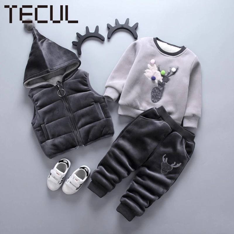 TECUL baby clothing set clothes Winter suit for children 1-3 years old with fleece baby padded jacket three-piece hoodie