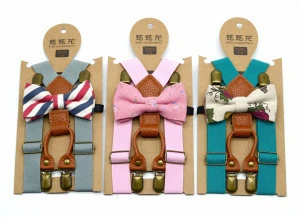 Toddler Kids Pants Accessories Durable 4 Clips Adjustable Boys Suspenders Bow Tie Set High End PU Leather M90927