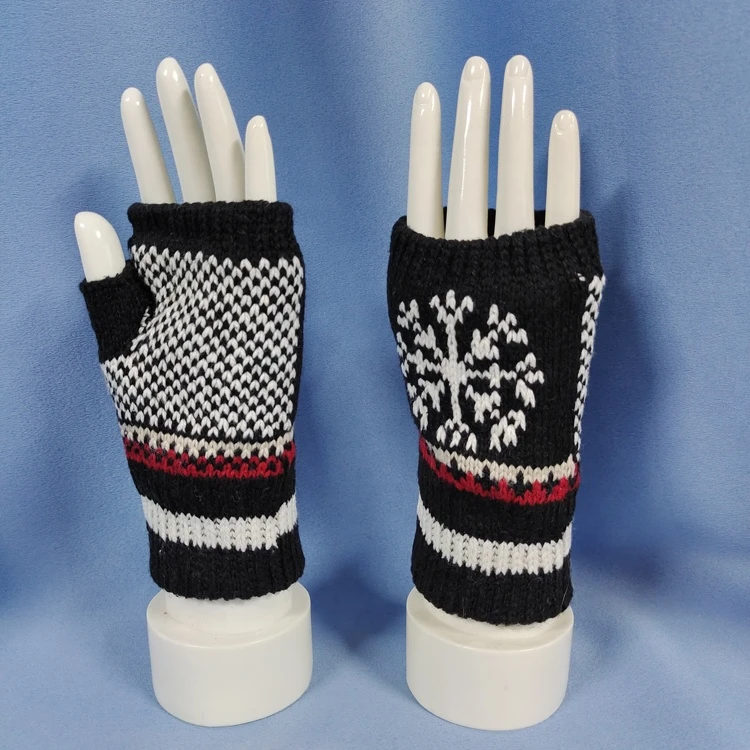 Unisex Winter Thermal Insulation Cable Knit Fingerless Texting Gloves Inside Fleece Snowflake Mittens Couple Christmas Gift