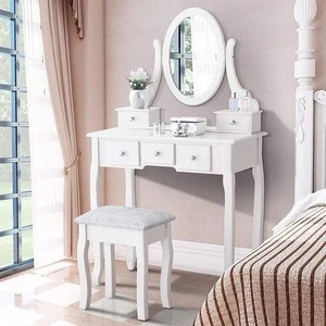 W-HY-0712 Vanity Table Set 5 Drawers with Oval Mirror Wood Makeup Dressing Table dresser