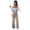 W2009-fall long sleeve off shoulder top with plaid suspender jumpsuit set two piece outfits