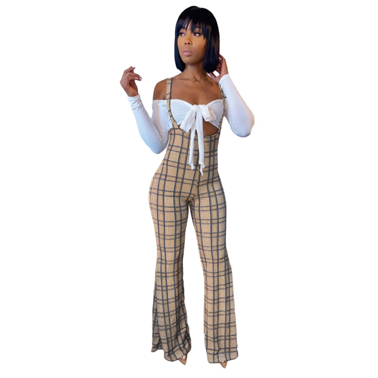 W2009-fall long sleeve off shoulder top with plaid suspender jumpsuit set two piece outfits