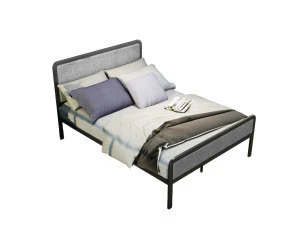 Wal-mark Audit Factory Produce Adult And Kid Use Black Metal Frame Bed Comfortable King Size Grey Linen Fabric Hotel Bed