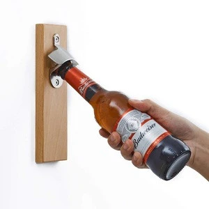 Wall Mounted Wooden Bottle Opener with Magnetic Cap Catcher Refrigerator Beech Wood Magnetic Bottle Openers
