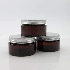 Wholesale 100ml amber pet plastic cosmetic jar with silver aluminum lid ,100g brown cream jar