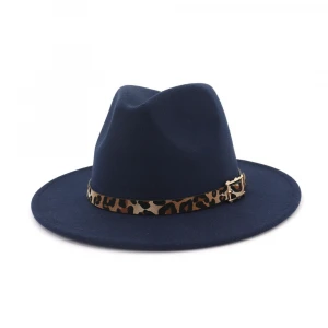 Wholesale Amazon Hot Sale Selling Leopard Belt Print Wool Floppy Hats Wide Brim Women Felt Fedora Hats Jazz Hat
