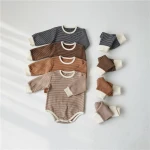 Wholesale Autumn 3Pcs Cute Infant Baby Girl Boy Stripe Clothes Romper with Hat and Long Pants Outfits Set