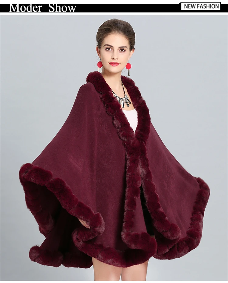 Winter autumn ladies knit ponchos high quality shawls fake fur collar cape coat for women