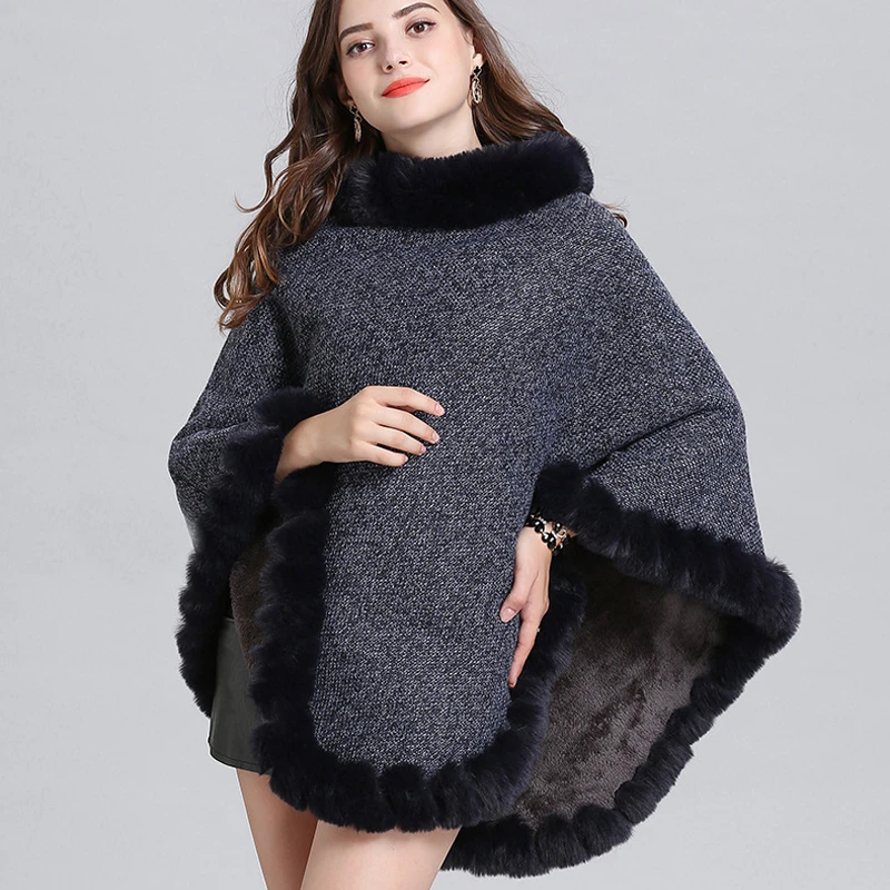 Winter Warm Poncho Thick Fabric Soft Fake Fur Trim Ladies Cheap Pashmina Shawls