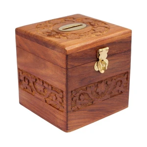 Worthy Wooden Coins Storage Box, Money Bank with Carving Work and Lock. Piggy Bank for Kids, Gift for Christmas Or Birthday