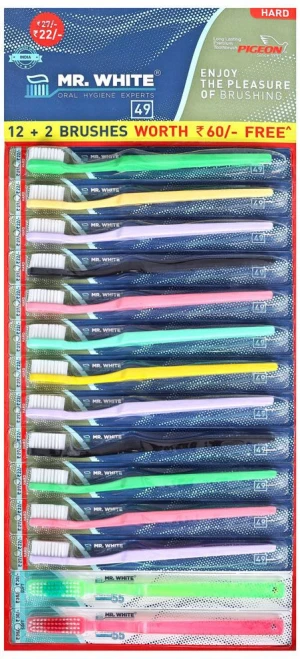 Mr.  White 49 Hard Toothbrush ( Pack of 12 + 2, Multicolor )