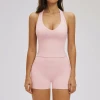 Women Halter V-Neck Sports Tank Top & High Waist Biker Shorts 2 Piece Fitness Workout Outfit Set