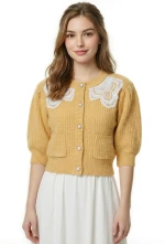 Autumn Women's Cardigan Jacket Floral Embroidered O-Neck Sweater Coat Lace Short Sleeve Casual Knitted Polyester Winter