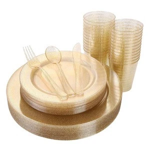 150 Pieces  Disposable Gold Glitter Dinnerware Set Dinner ,  Dessert PLates, Tumblers ,gold Plates & Plastic Silverware & Cups,