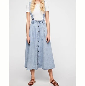 2019 Wholesale price Casual dress custom design women long denim suspender jeans skirt.