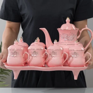 2020 High Temperature Glaze Painted Ceramic 6pcs Cup 1pc Teapot Gift Box Portable Turkish Coffee Tea Cup Set