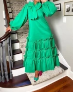 2022 new fashion Lantern Sleeve oversized bow elegant dress loose casual shirt dress