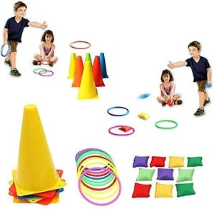 3 in 1 Ring Toss Game Set Soft Traffic Cone Bean Bags for Throwing 26pcs Puzzle Carnival Garden Backyard Outdoor Games for Kids