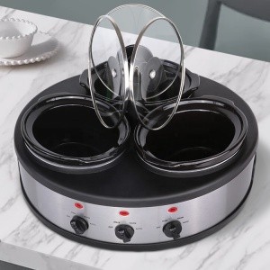 3in1 Cooking System with Lid Holders Dual Crock Silver and Black Individual Heat Control Dipper Triple Slow Cooker Buffet Warmer