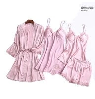 4 piece Satin Robe Set womens solid  floral pajamas sleepwear  Embroidered  plus size summer Kimono Silky Bathrobe for women