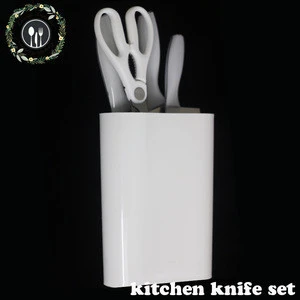 5pcs white color knife set for kitchen with white handle and acrylic universal block