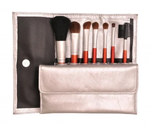 7PCS Makeup Brush Set Natural Hair Red Wood Handle Silver Bag