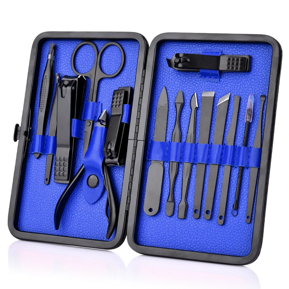 Black Leather Case Mini Stainless Steel Nail Clipper Scissors Travel 15 Pcs Professional Manicure Set