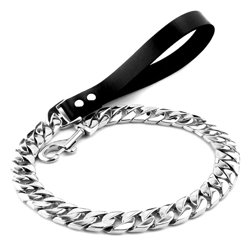 China factory spot stainless steel golden pet chain leather big bully bulldog Cuban chain belt traction rope belt