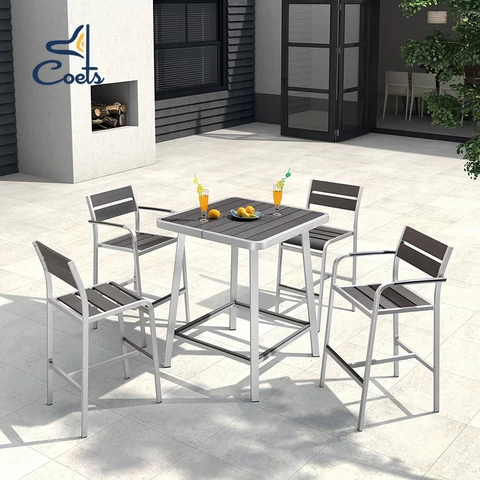 Coets 4 Seater  Plastic Wood Top  Metal Aluminum High Outdoor Counter Bar Table And Chairs