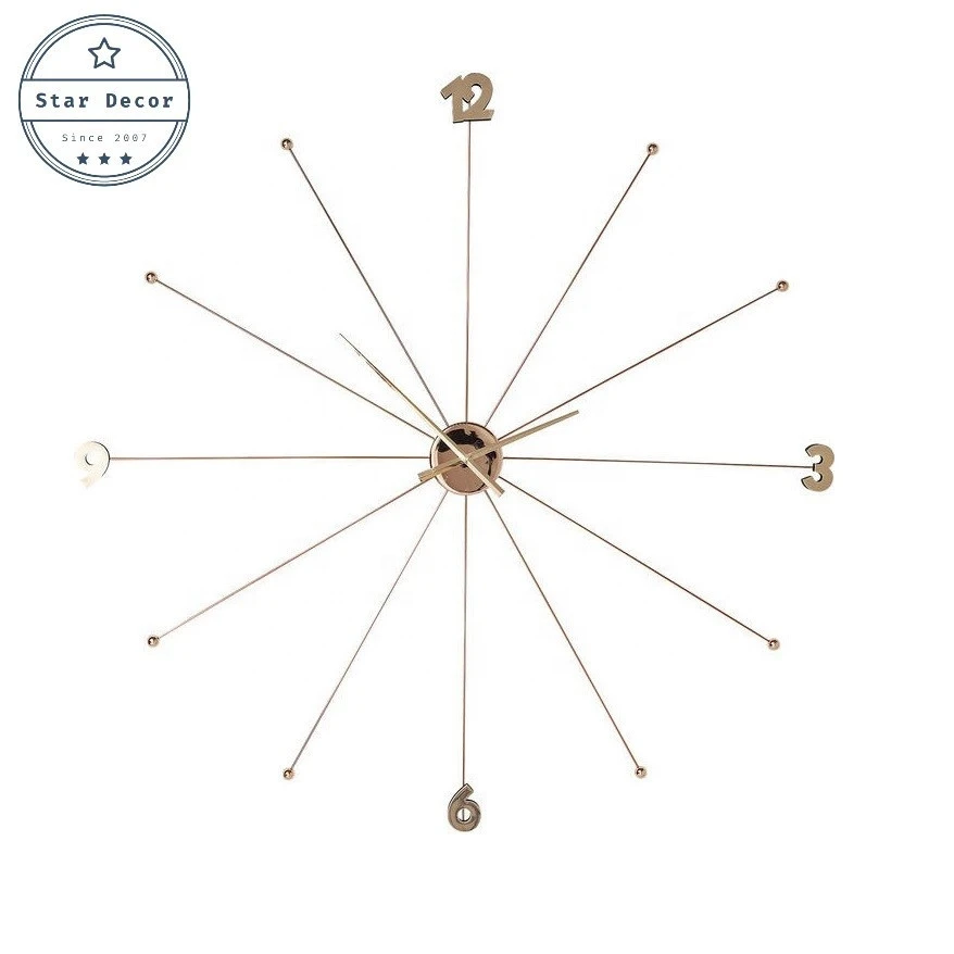 Copper Color Metal Iron Classic Circle Long Rod Design Home Decorative Luxury Black Wall Clock