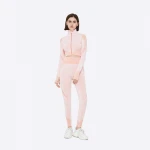 Cropped long sleeve training Yoga fitness wear workout clothes top and gym high waisted leggings set in pink