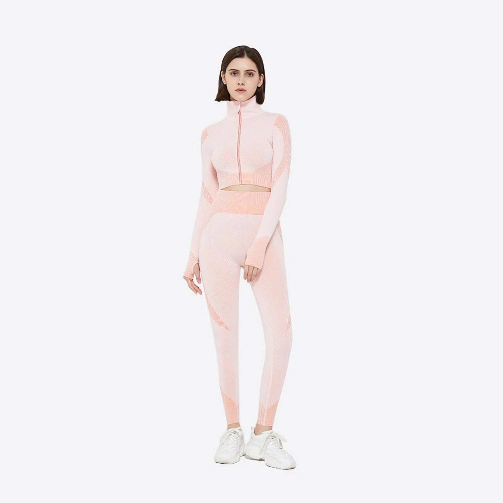 Cropped long sleeve training Yoga fitness wear workout clothes top and gym high waisted leggings set in pink