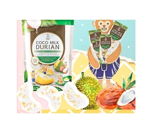 Crunchy Monthong Durian Coated with Aromatic Coconut Milk, 70 g, fruit snack, Thailand, GMP, HACCP, Thai FDA