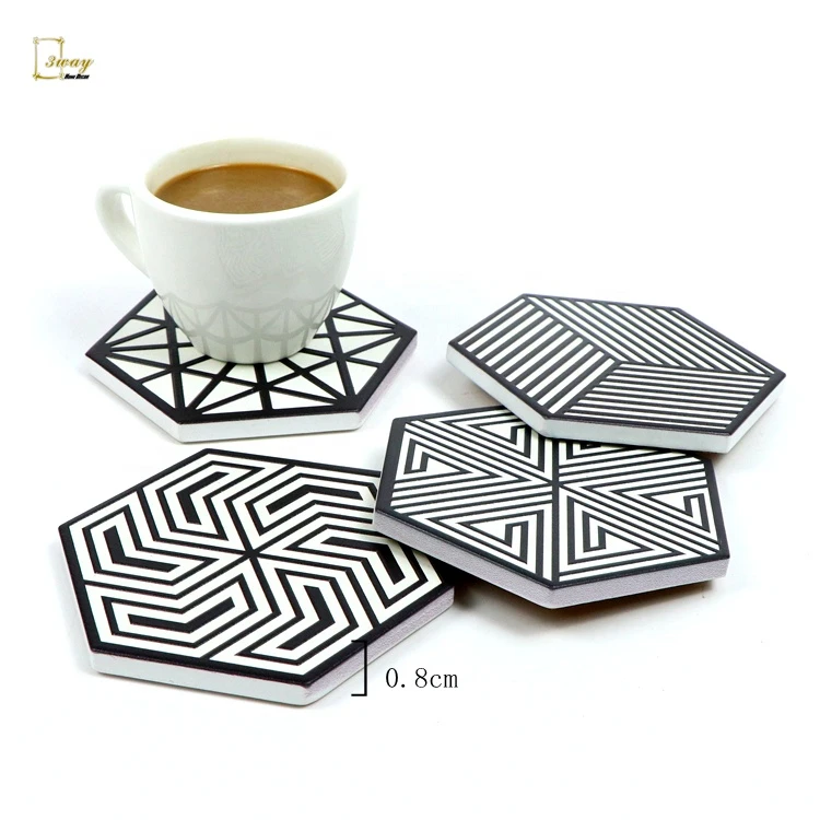 Custom mandala 3D touchable printing hexagon kitchen table decorative modern unique tea coffee ceramic coasters cup mats set
