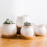 Custom  mini white cheap plant pot bamboo tray small flower pot ceramic succulent pot with saucer