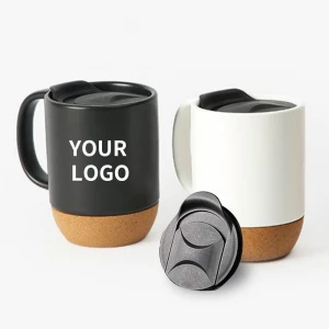 Custom Plain Black Porcelain Insulated Cork And Splash Proof Lid Cup Milk Tea Coffee Cork Bottom Ceramic Mug