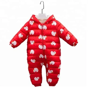 Cute winter autumn down baby rompers thicken printed zipper hooded baby warm clothing set romper for baby girls