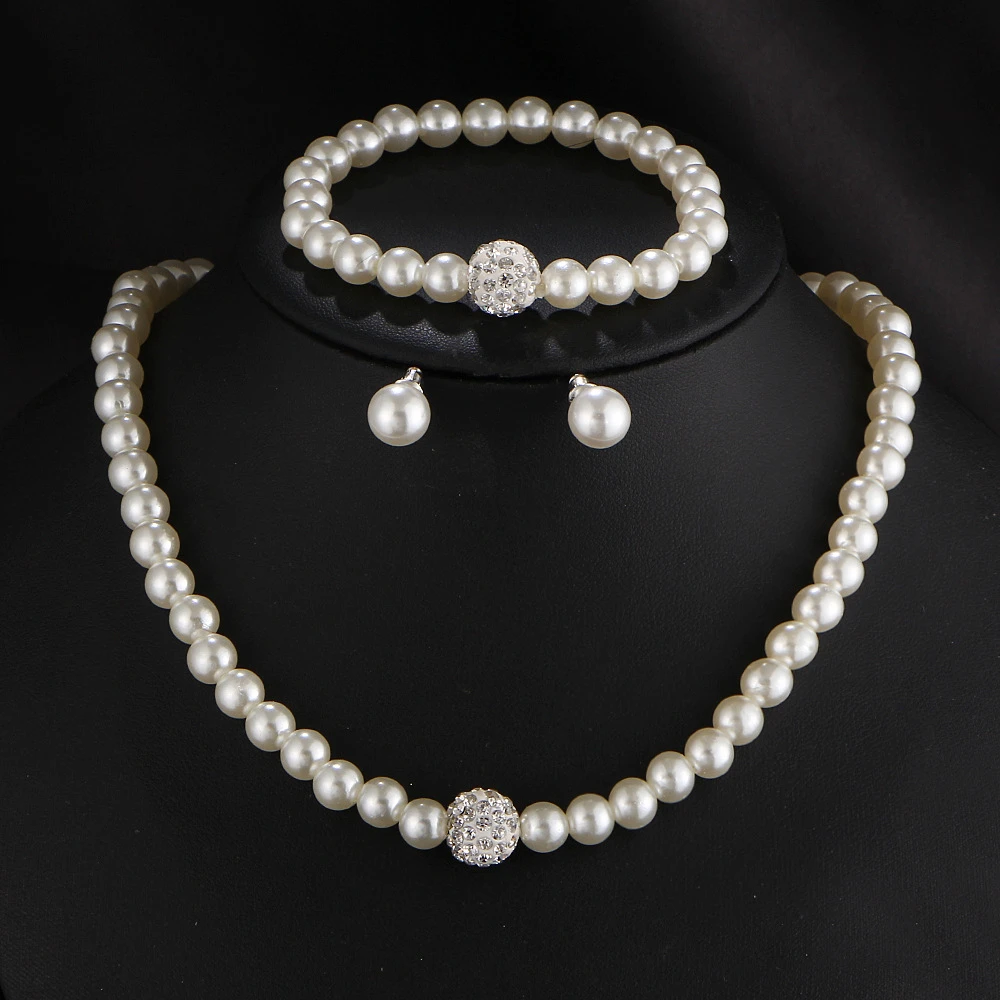 Diamond Studded Imitation Pearl Necklace Bracelet Set,Pearl Beads Beaded Necklace Jewelry Set,Fashion Pearl Jewelry Set