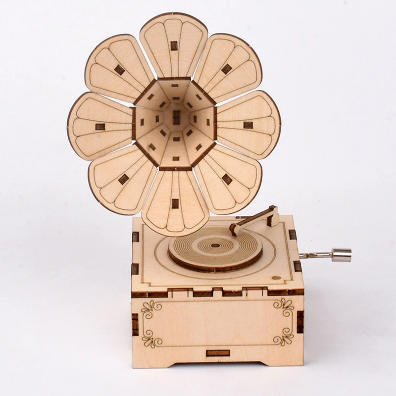 DIY 3D Wooden Gramophone Puzzle Game Children Kids Natural Color Toy Model Building Kits Educational Hobbies Gift 3d puzzle