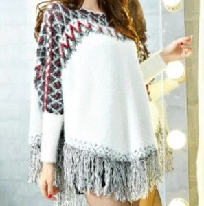 Fashion brand women sweaters long design Fringed poncho sweater woolen cable knit
