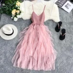 French niche dress knitted V-neck backless splicing irregular layered mesh cake skirt Internet celebrity suspender skirt