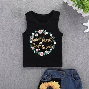 Girls Black Letter Tank Top and Sunflower Patchwork Denim Shorts Toddler  Summer Outfit Suit Sleeveless T-shirt and Jean Shorts