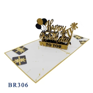 Golden Happy Birthday Text 3D Pop Up Card Laser Cut Wholesale Kirigami Handmade Greeting Paper 3D Best Seller Gift & Crafts