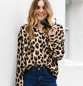 HFS11812B Plus Size Women Clothing Leopard Print Fashion Women Long Sleeve Blouses