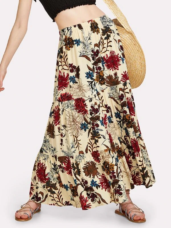 high fashion elegant flower print full length rayon women skirts