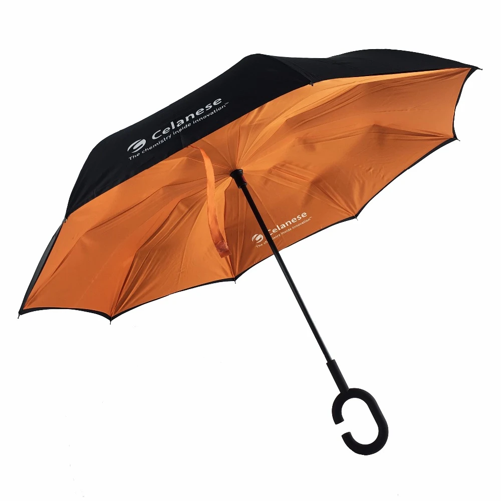 High Quality Windproof Reverse Double Layer upside down inverted umbrella with C-shaped Handle
