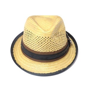 Hot selling custom narrow brim summer fedora hat with metal logo leather strap